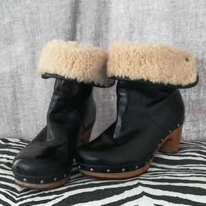 UGG boots leather‎ wooden heels shearling fold-down "Lynnea" US 6